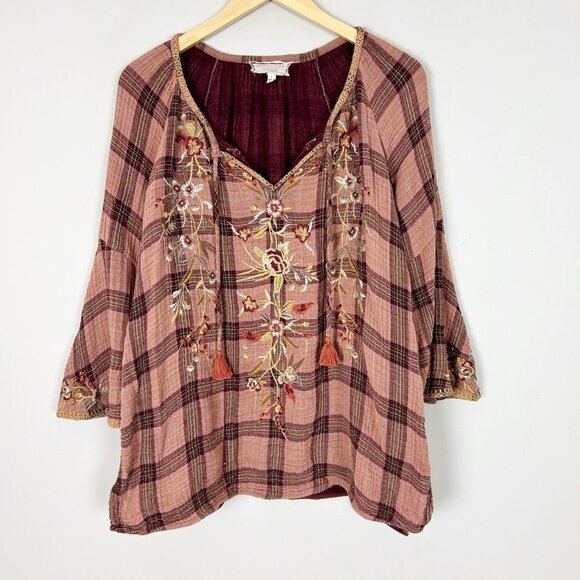 Johnny Was Tops - Johnny Was Gauzy Plaid Embroidered Top Boho Hippie Fall Size Large Women's